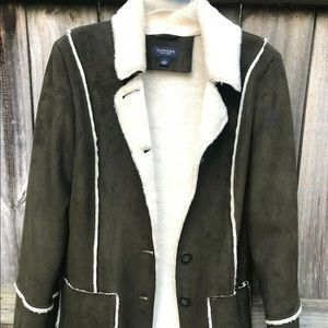 Sonoma Forest/Olive Green suede coat Fleece Lined Size Small EUC